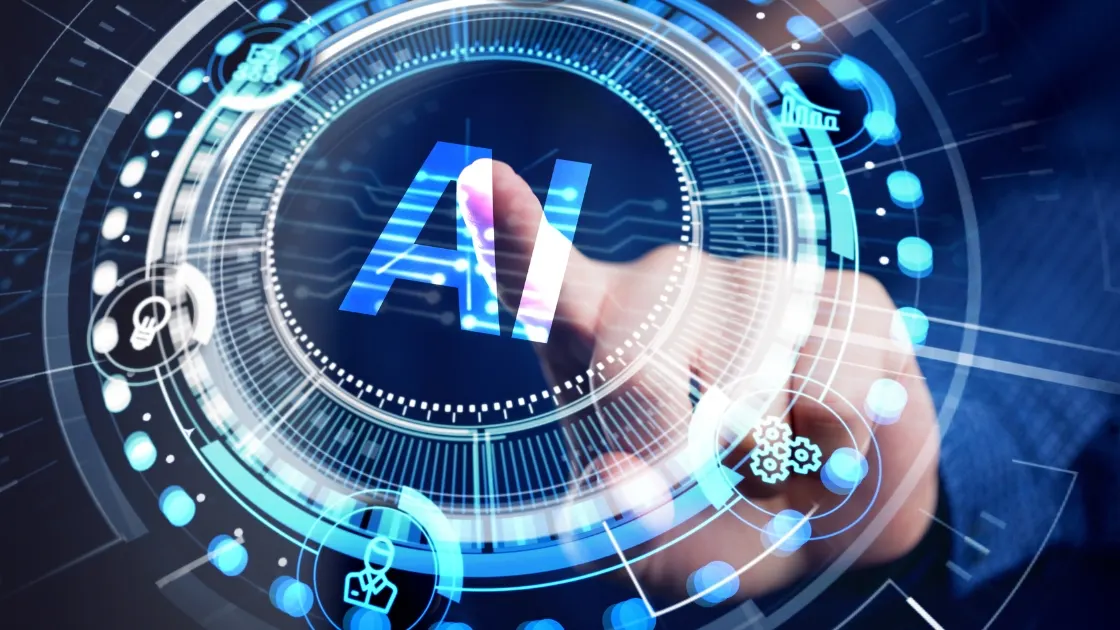 İnsan yapay zeka dijital hologram arayüzüne dokunuyor — AI görünürlük analizi ve GEO optimizasyon süreci