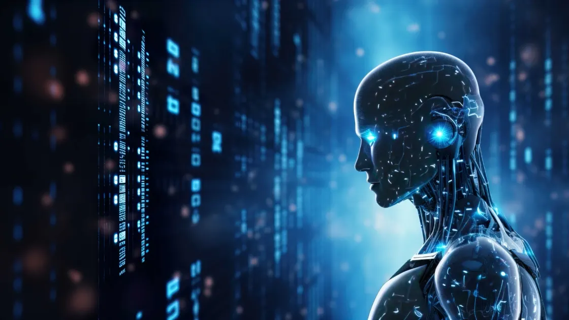Yapay zeka robotu dijital matriks veri akışını inceliyor — LLM'lerin eğitim verisi ve anlama mekanizması
